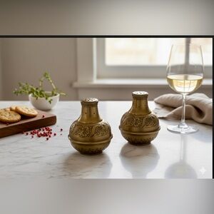 Vintage Ornate Brass-Tone Shaker Set - Handcrafted Repoussé Floral Design